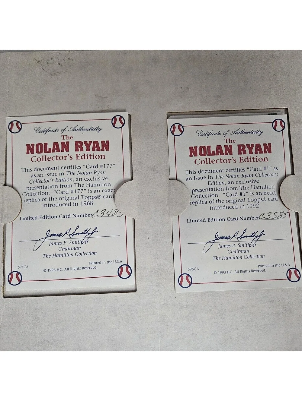 Nolan Ryan Hamilton Collection 1993 Set 12 Porcelain Cards with Individual COA s